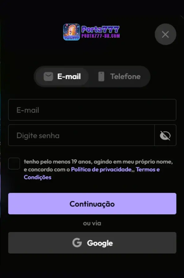 Tela de registro no site da Porta777